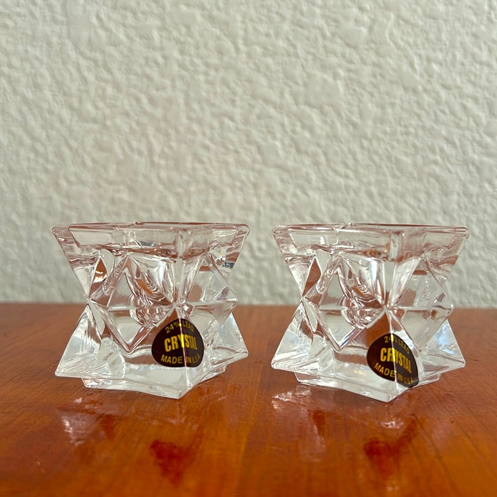 Star Cube Taper Candlestick Holder 24% Lead Crystal Made in USA Lot of 2